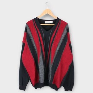 St. Croix V-Neck Coogi Style Sweater Geometric Wool Blend Red Black XXL